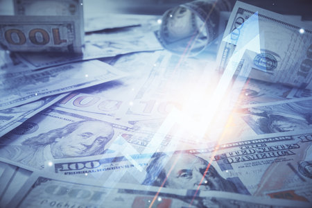 Double exposure of grow arrows drawing over usa dollars bill background. Concept of success.の写真素材