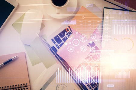 Double exposure of data hologram sketch over study table background with computer. Concept of Ai. Top view.の写真素材