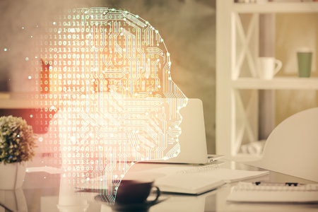 Double exposure of brain drawing and office interior background. Concept of data technology.の写真素材