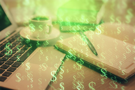 Double exposure of financial chart drawing and desktop with coffee and items on table background. Concept of forex market tradingの写真素材
