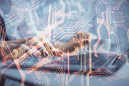 Double exposure of woman hands typing on computer and technology theme drawing. High Tech concept.
