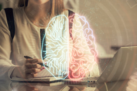 Multi exposure of woman hands working on computer and human brain hologram drawing. Ai tech concept.の写真素材