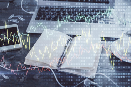 Multi exposure of financial graph drawings and desk with open notebook background. Concept of forex