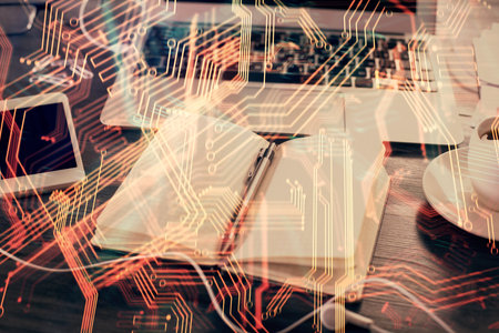 Double exposure of tech drawing and desk with open notebook background. Concept of technology