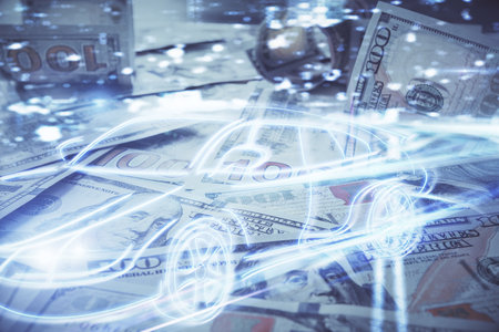 Double exposure of tech theme drawing over usa dollars bill background. Concept of autopilot ai.の写真素材