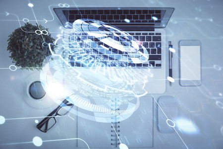 Double exposure of data drawing hologram over topview of study desk background with computer. Concept of Ai.の写真素材
