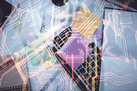 Technology hologram drawing over computer on the desktop background. Top view. Double exposure. Tech...