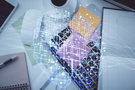 Multi exposure of brain sketch hologram over topview work table background with computer. Concept of big data.の写真素材
