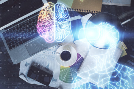 AR hologram drawings over computer on the desktop background. Top view. Multi exposure. Concept of...