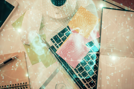 Multi exposure of brain sketch hologram over topview work table background with computer. Concept of big data.の写真素材