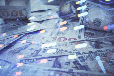 Double exposure of data theme drawing over us dollars bill background. Technology concept.の写真素材