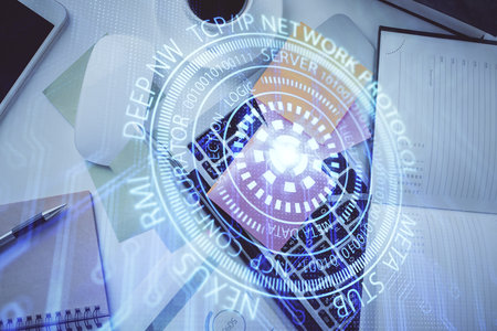 Double exposure of data hologram sketch over study table background with computer. Concept of Ai. Top view.の写真素材