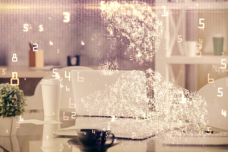 Double exposure of tech theme drawings and office interior background. Technology concept.の写真素材