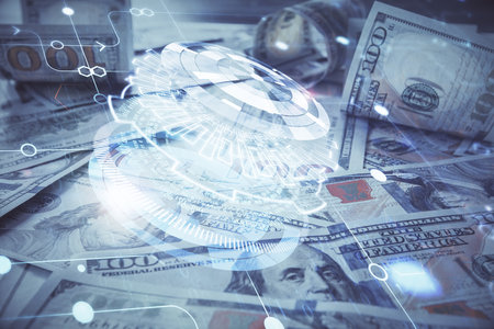 Double exposure of data theme drawing over us dollars bill background. Technology concept.の写真素材