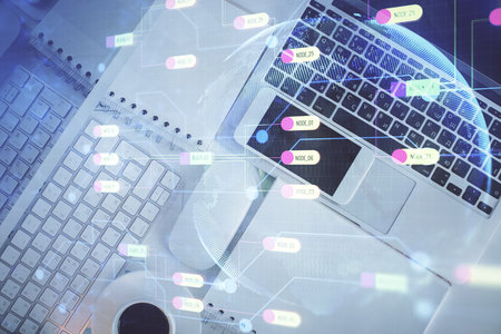 Multi exposure of data theme drawing hologram over topview work desk background with computer. Concept of technology.の写真素材