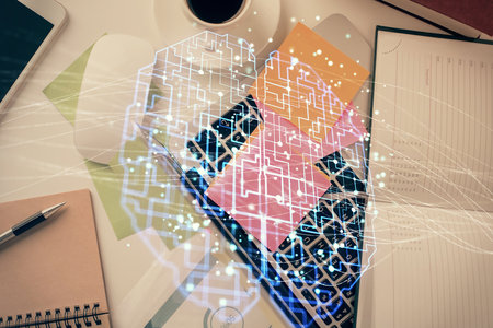 Multi exposure of brain sketch hologram over topview work table background with computer. Concept of big data.の写真素材