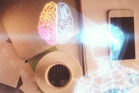 Double exposure of drawing man in AR glasses over table with phone. Top view. VR concept.の写真素材
