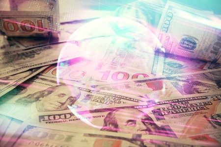 Double exposure of tech theme drawing over usa dollars bill background. Concept of technology.の写真素材