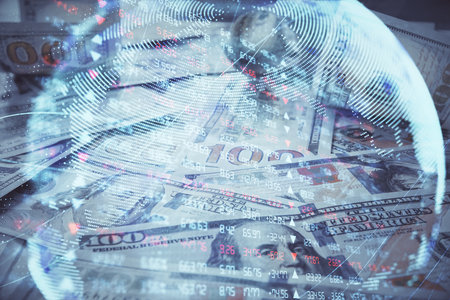 Multi exposure of business theme drawing over us dollars bill background. Concept of financial success.の写真素材