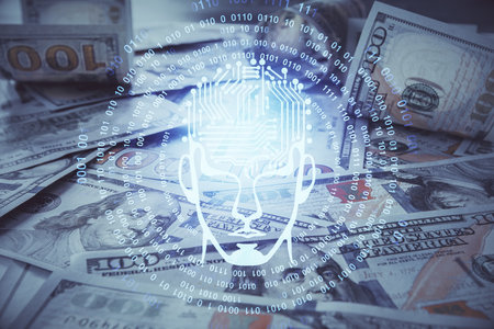 Double exposure of brain drawing over us dollars bill background. Technology concept.の写真素材