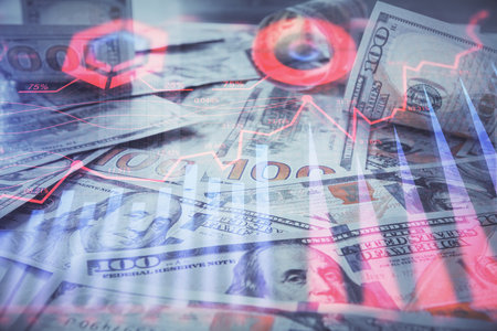 Multi exposure of forex chart drawing over us dollars bill background. Concept of financial success markets.の写真素材