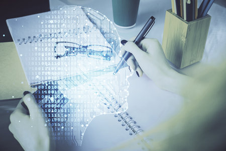 Double exposure of woman on-line shopping holding a credit card and brain hologram drawing. Data E-commerce concept.の写真素材