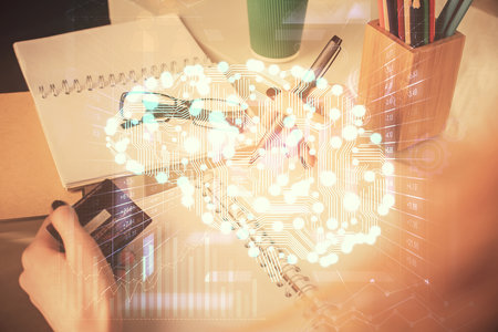 Double exposure of woman on-line shopping holding a credit card and brain hologram drawing. Data E-commerce concept.の写真素材