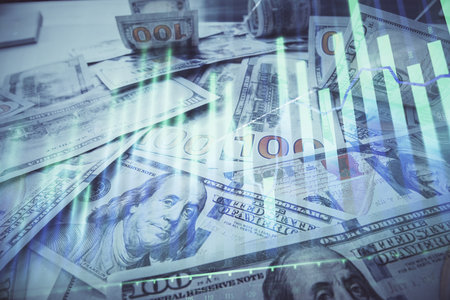 Multi exposure of forex chart drawing over us dollars bill background. Concept of financial success markets.の写真素材