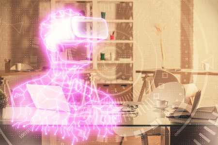 Double exposure of man in VR glasses drawing and office interior background. Concept of AR.の写真素材