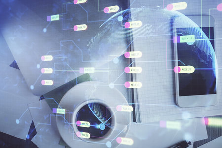 Double exposure of technology theme drawing over work table desktop. Top view. Global data analysis concept.の写真素材