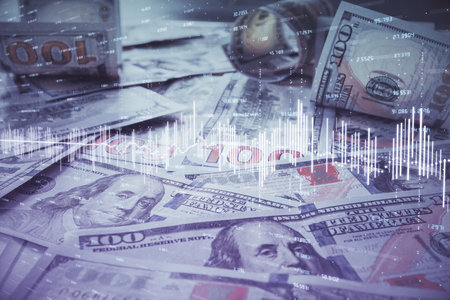 Multi exposure of forex chart drawing over us dollars bill background. Concept of financial success markets.の写真素材