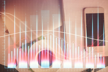 Multi exposure of forex graph hologram over desktop with phone. Top view. Mobile trade platform concept.の写真素材