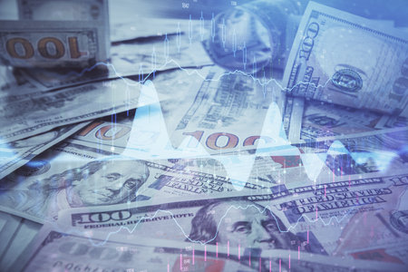 Multi exposure of forex chart drawing over us dollars bill background. Concept of financial success markets.の写真素材