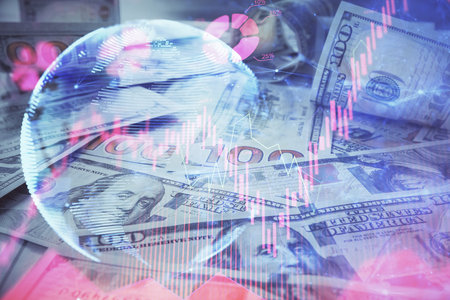 Multi exposure of business theme drawing over us dollars bill background. Concept of financial success.の写真素材
