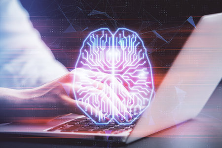 Multi exposure of woman hands working on computer and human brain hologram drawing. Ai tech concept.の写真素材