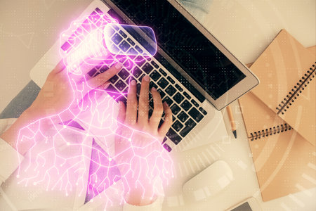 Double exposure of woman hands working on computer and man in ar glasses hologram drawing. Top View. Virtual reality concept.の写真素材