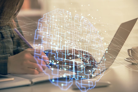 Multi exposure of woman hands working on computer and human brain hologram drawing. Ai tech concept.の写真素材