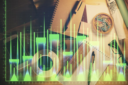 Double exposure of forex graph drawing and work table top veiw. Concept of financial analysis.の写真素材