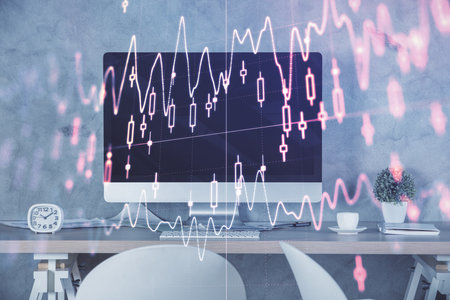 Multi exposure of financial graph drawing and office interior background. Concept of market analysis.の写真素材