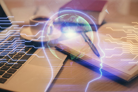 Double exposure of brain drawing and desktop with coffee and items on table background. Concept of research.の写真素材