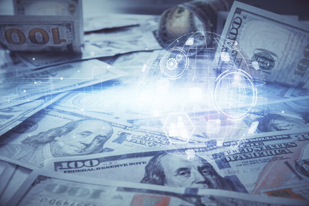 Multi exposure of social network drawing over us dollars bill background. Concept of people connection.の写真素材