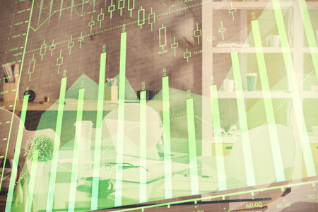 Multi exposure of stock market chart drawing and office interior background. Concept of financial analysis.の写真素材