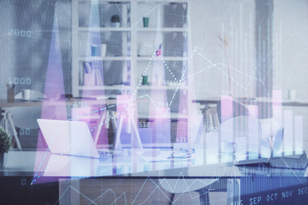 Multi exposure of stock market chart drawing and office interior background. Concept of financial analysis.の写真素材