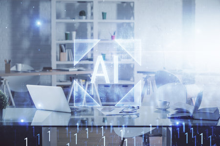 Multi exposure of data theme drawing and office interior background. Concept of technology.の写真素材