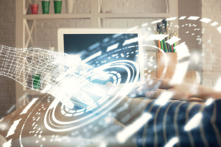 Double exposure of woman hands working on computer and data theme hologram drawing. Tech concept.