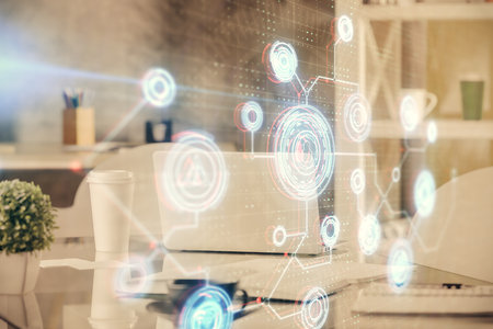 Double exposure of data theme drawing and office interior background. Concept of technology.の写真素材