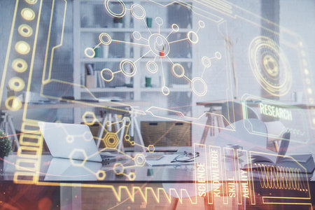 Multi exposure of data theme drawing and office interior background. Concept of technology.の写真素材