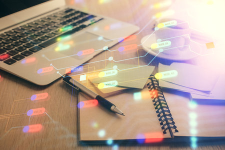 Multi exposure of technology theme drawing and desktop with coffee and items on table background. Concept of data research.の写真素材