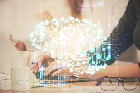 Multi exposure of woman hands working on computer and brain hologram drawing. Ai concept.の写真素材