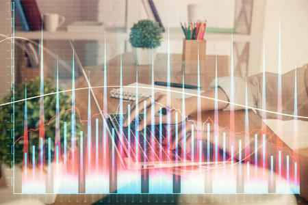 Double exposure of woman hands typing on computer and forex chart hologram drawing. Stock market invest concept.の写真素材
